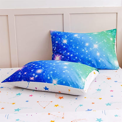 A Nice Night 6Pcs Gradient Glitter Bedding Set for Girls, Colorful Rainbow Galaxy Comforter Set, Ultra Soft Bedding Sets (Blue-Green,Twin 6Pcs)