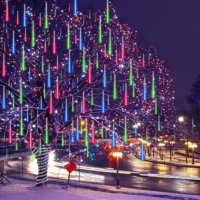 Meteor Shower Lights UL Certified 192 LED Falling Rain Lights with 30cm 8 Tubes rain Drop Christmas Icicle Cascading Lights for Xmas Halloween Decorations Party Holiday Garden Tree,Multicolor