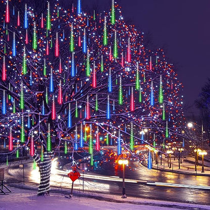 Meteor Shower Lights UL Certified 192 LED Falling Rain Lights with 30cm 8 Tubes rain Drop Christmas Icicle Cascading Lights for Xmas Halloween Decorations Party Holiday Garden Tree,Multicolor