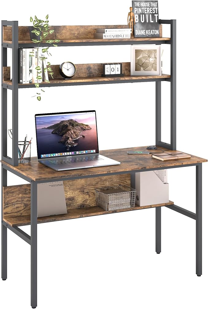 47 Inch Computer Desk with Desktop Wireless Charger, Home Office Desk with Bookshelf, Writing Desk with Storage Shelves for Home Office, Craft Table with Hutch Rustic