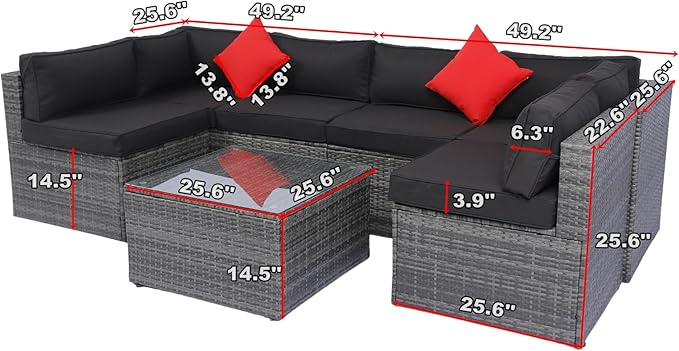 5-Pieces Patio Furniture Set with Coffee Table and 2 Pillows, PE Rattan Outdoor Conversation Sectional Sofa Seating Goup for Balcony Front Porch Backyard Law, Grey Wicker+Black Cushion
