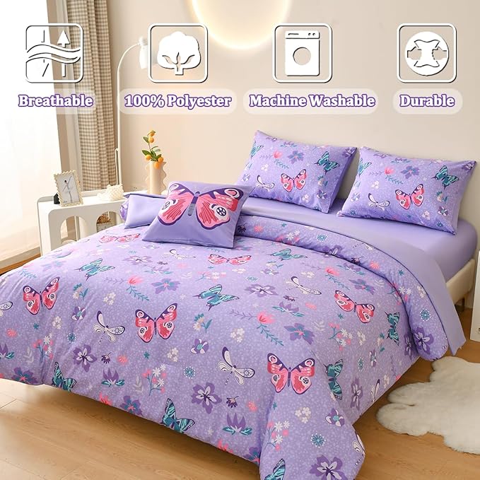 Butterfly Bedding Set Full, Purple Butterfly Comforter Set for Girls Kids Teens 6 pcs Bed in a Bag Full Bedding Sets for Girls