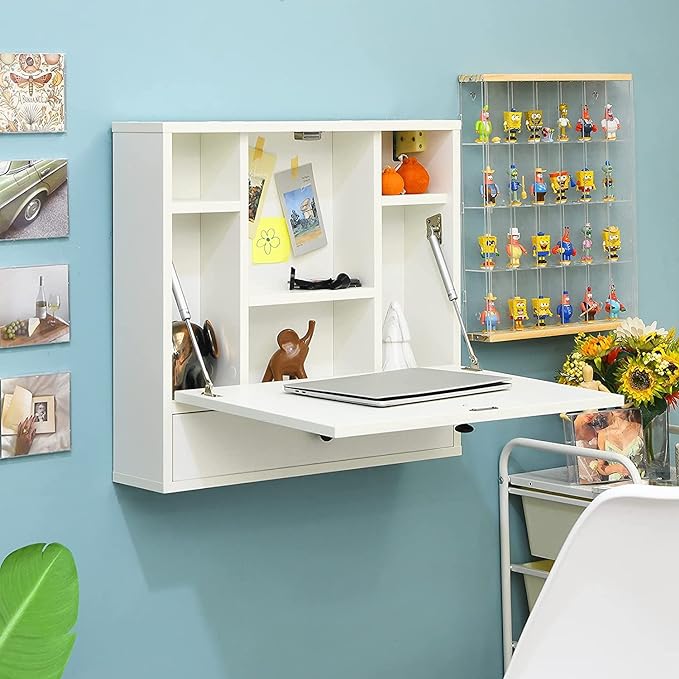 2 in 1 Foldable Tabletop, Folding Wall Mount Laptop Storage Compartments Space Saving Floating Desk, Small, White