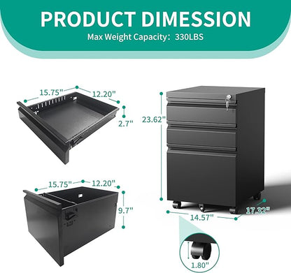 3 Drawer Mobile File Cabinet with Lock, Under Desk Metal Filing Cabinet, Fully Assembled Rolling File Cabinet with Wheels for Home Office Letters/Legal/A4 (Black)