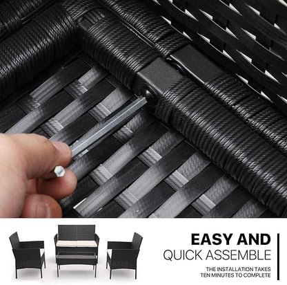 MoNiBloom 4 Pieces Patio Furniture Sets, Non Slip Foot Pads Wicker Rattan Sofa Chair with Soft Cushions and Sturdy Coffee Table for Backyard Porch Garden Poolside Balcony, Capacity 250 lbs, Black
