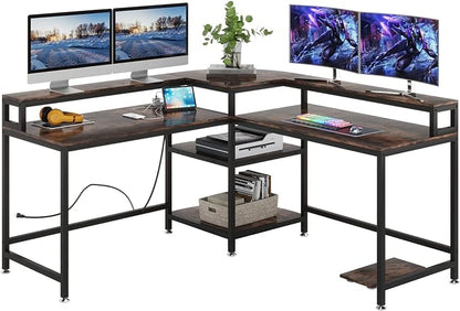 TIYASE L Shaped Desk with Power Outlet and USB Port, 59 in L-Shaped Computer Corner Desk with Storage Shelves, Home Office Desk Workstation with Monitor Stand, Tower Shelf, Rustic Brown