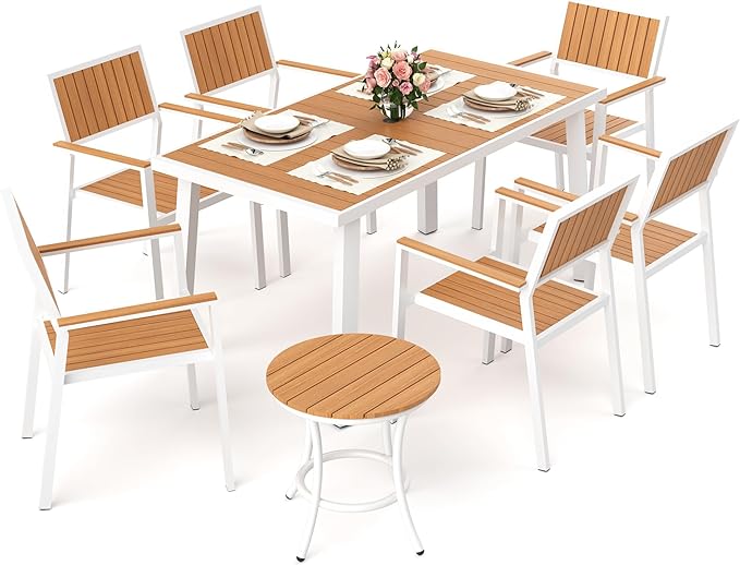 Pamapic 8-Piece Patio Dining Set，Outdoor Aluminum Furniture Set with Plastic-Wood Table Top,Outdoor Furniture Set with 6 Outdoor Stackable Chairs for Patio Garden Poolside (White)