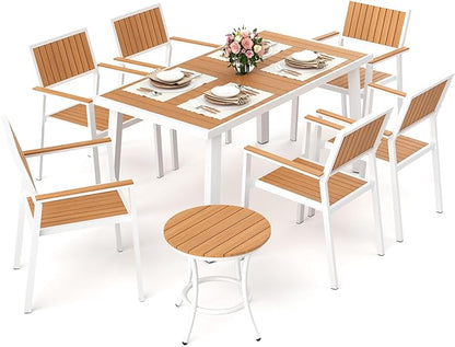 Pamapic 8-Piece Patio Dining Set，Outdoor Aluminum Furniture Set with Plastic-Wood Table Top,Outdoor Furniture Set with 6 Outdoor Stackable Chairs for Patio Garden Poolside (White)