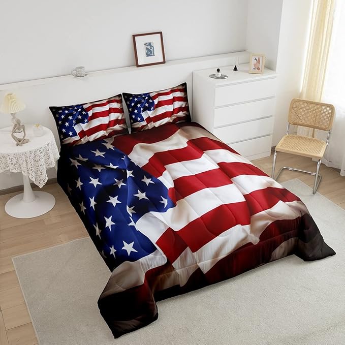 Erosebridal American Flag Comforter Set, United States Down Comforter King Size for Kids Boys Teens, USA Federations Stars Bedding Set Geometric Stripes Quilted Duvet for Bedroom, Blue White and Red