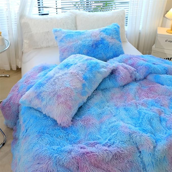 Faux Fur Kids Girls Blue Rainbow Comforter Sets Twin/Full - 3PC Bed Set Warm Comfortable Soft Plush Flannel Velvet Fluffy Fuzzy Bedding（Comforter x 1 Pillowcases x 2）