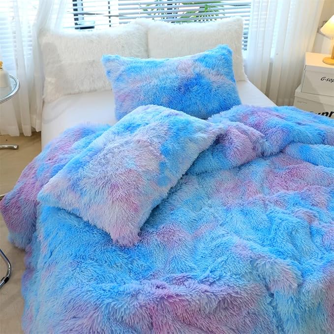 Faux Fur Kids Girls Blue Rainbow Comforter Sets King - 3PC Bed Set Warm Comfortable Soft Plush Flannel Velvet Fluffy Fuzzy Bedding（Comforter x 1 Pillowcases x 2）