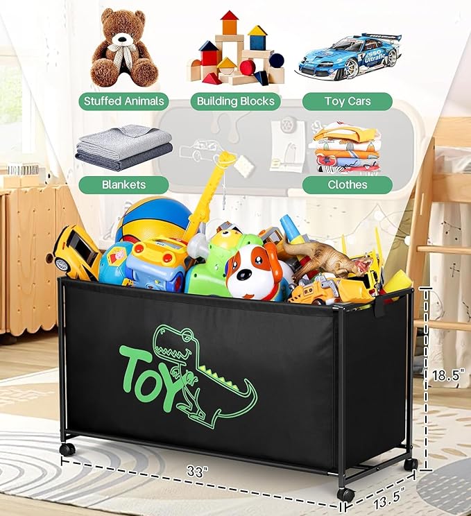 MISSLO Large Toy Box with Wheels Big Toy Chest for Kids Organizer Toy Storage Bin, 124L, Black