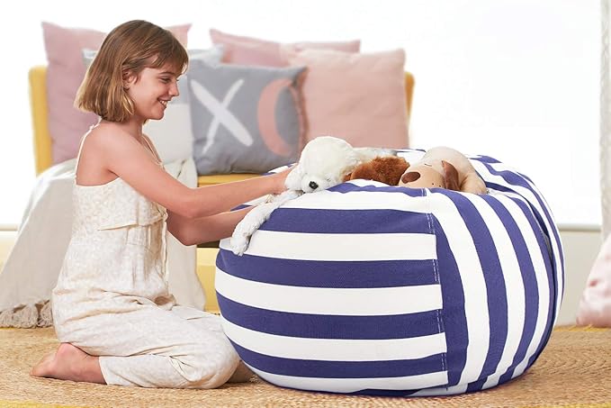 Aubliss Stuffed Animal Bean Bag Storage Chair (Royal Blue/White Striped, Medium (32''))