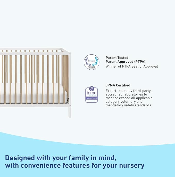 Graco Teddi 5-in-1 Convertible Crib (White with Driftwood) – GREENGUARD Gold Certified, Converts to Daybed, Toddler & Twin Bed with Headboard and Footboard, Adjustable Mattress Height
