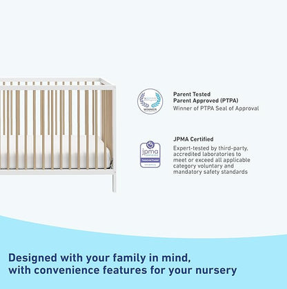 Graco Teddi 5-in-1 Convertible Crib (White with Driftwood) – GREENGUARD Gold Certified, Converts to Daybed, Toddler & Twin Bed with Headboard and Footboard, Adjustable Mattress Height