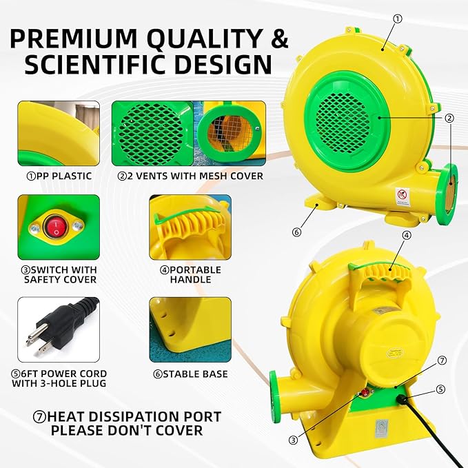 Air Blower, QILEBA Powerful Bounce House Blower for Inflatables, Portable Inflatable Bubble House Blower Fan Pump for Spray Booth, Bouncy Castle, Jumper, Water Slid, Blower Corded (950W)