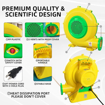 Air Blower for Inflatables, 950Watt 1.25HP Bounce House Blower, Inflatable Bubble House Blower, Electric Fan Pump for Outdoor Inflatable Paint Booth Water Slid， Bouncy Castle, Jumper, Blower Corded