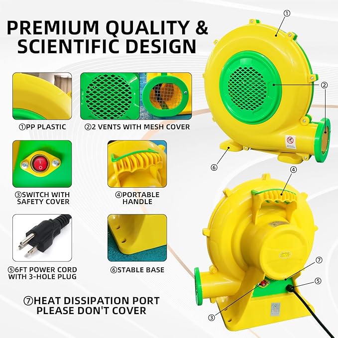 750W Air Blower, QILEBA 1HP Powerful Bounce House Blower for Inflatables, Portable Inflatable Bubble House Blower Fan Pump for Spray Booth, Bouncy Castle, Jumper, Water Slid, Blower Corded(750W)