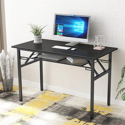 Need Folding Computer Desk with Storage Shelf, 47 inches Home Office Desk Folding Table Computer Workstation Desk, No Assembly Needed, Black