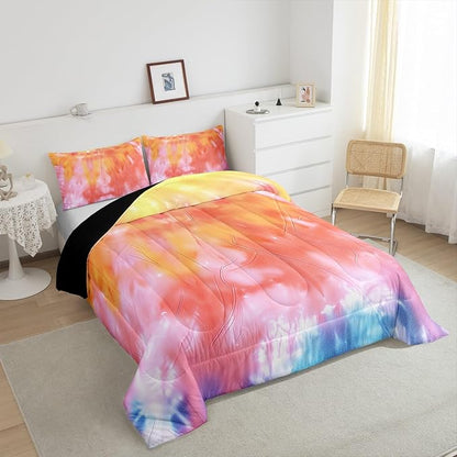 Girls Tie Dye Comforter Set with Pillowcase Trippy Bedding Boho Hippie Psychedelic Gypsy Down Comforter Twin Kids Bed Sets Soft Machine Washable Pastel Duvet Quilt Set, Orange Yellow Pink Purple Blue