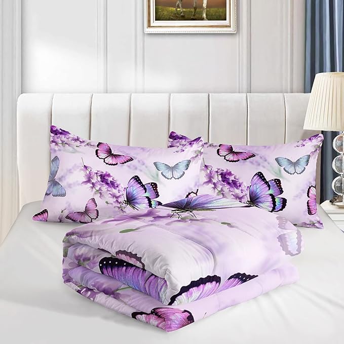 Purple Lavender Butterfly Comforter Set for Girl Kid Adult Colorful Butterfly Pattern Bedding Set Aesthetics Butterflies Quilt Bed Set Queen Size with 1 Comforter and 2 Pillowcases