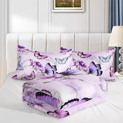 Purple Lavender Butterfly Comforter Set for Girl Kid Adult Colorful Butterfly Pattern Bedding Set Aesthetics Butterflies Quilt Bed Set Full Size with 1 Comforter and 2 Pillowcases