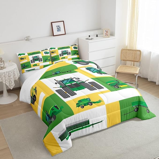 Kids Tractor Bedding Set Twin Boys Green Yellow Truck Comforter Set Excavator Construction Down Comforter Children Cartoon Vehicle Car Duvet Insert Farm Equitment Trucks Bedding Comforter Sets,2Pcs
