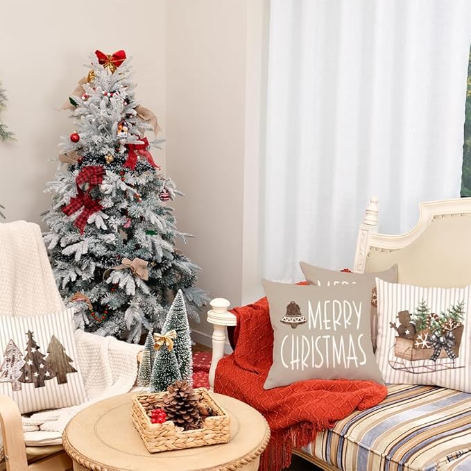 GEEORY Christmas Pillow Covers 16 x 16 Inch Set of 4, Striped Wooden Tree Snow Sleigh Merry Bright Xmas Holiday Decor Decorative Throw Cushion Case Decoration for Home Party Sofa Couch (Brown)