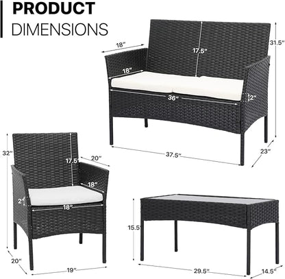 MoNiBloom 4 Pieces Patio Furniture Sets, Non Slip Foot Pads Wicker Rattan Sofa Chair with Soft Cushions and Sturdy Coffee Table for Backyard Porch Garden Poolside Balcony, Capacity 250 lbs, Black
