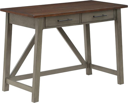 OSP Home Furnishings Milford Rustic 42 Inch Writing Desk with 2 Drawers and Burnished Decorative Hardware, Slate Gray