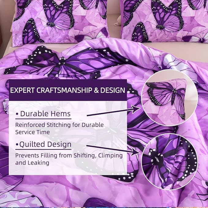 Btargot 3 Piece Purple Butterfly Girls Kids Adults Queen Size Comforter Set, Lightweight Soft All Season Bedding Set with 2 Pillowcases