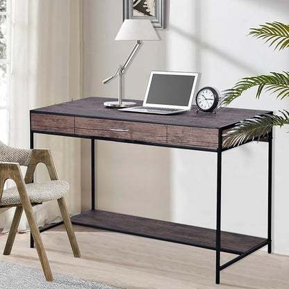FurnitureR Vintage Wooden Computer Desk with Drawer, 43 Inches Industrial Writing Desk Workstation with Metal Legs and Bottom Shelf for Home Office, Brown