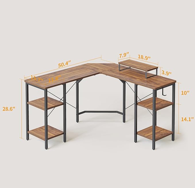 BANTI L Shaped Desk with Shleves, 50.4 inch Large Corner Desk with Two Storage, Space Saving, Easy to Assemble, Brown