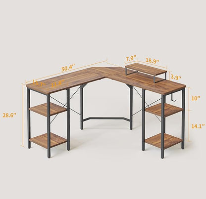 BANTI L Shaped Desk with Shleves, 50.4 inch Large Corner Desk with Two Storage, Space Saving, Easy to Assemble, Brown