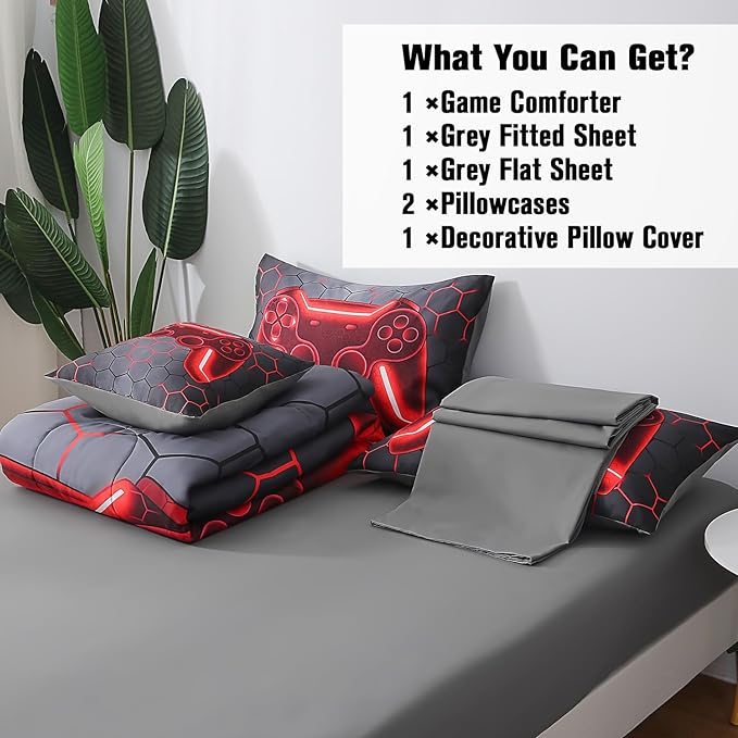 JQinHome Twin Gamer Comforter Set for Boys Girls Kids,6 Piece Bed in A Bag 3D Video Game Bedding -All Season Soft Microfiber Down Alternative Comforter Gamer Bedding Sets with Sheets （Red）