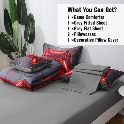 JQinHome Twin Gamer Comforter Set for Boys Girls Kids,6 Piece Bed in A Bag 3D Video Game Bedding -All Season Soft Microfiber Down Alternative Comforter Gamer Bedding Sets with Sheets （Red）