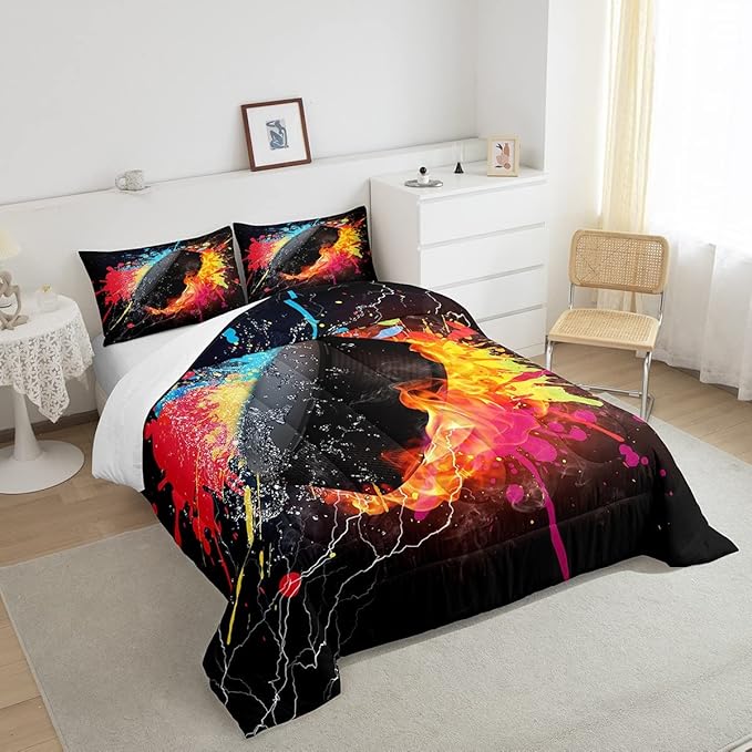 Erosebridal Hockey Bedding Set for Teen Boys Kids Winter Sports Twin Comforter Set Grunge Hippie Tie Dye Ball Bed Comforter Sets Red Blue Fire and Water Lightning Quilt Duvet Insert 1 Pillow Case