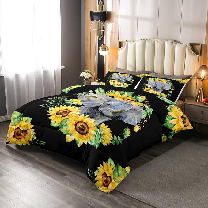 Elephant Comforter Set, Yellow Sunflower Down Comforter Queen Size for Kids Girls Teens Adult Bedroom Decor, African Safari Animal Duvet Sets Floral Petal Country Bedding Set with 2 Pillow Cases
