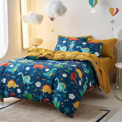 Wake In Cloud - Dinosaur Bedding Set for Boys, Cute Colorful Dinosaur Comforter Set with Sheets, 5 Pieces Kids Bed in a Bag, Navy Blue, Twin Size