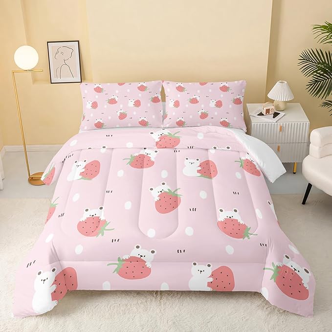 Cartoon Bear Comforter King Size,Pink Strawberry Comforter Set for Kids Teens Girls,3Pcs Bedding Set Printed Comforter with 2 Pillowcases,Down Alternative,Soft and Lightweight，King Size