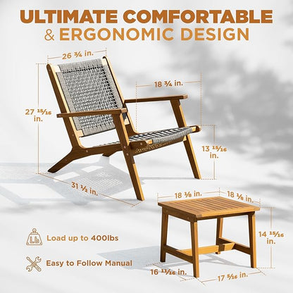 Solid Wood Rope Bistro Set of 3, Reclining Set 3