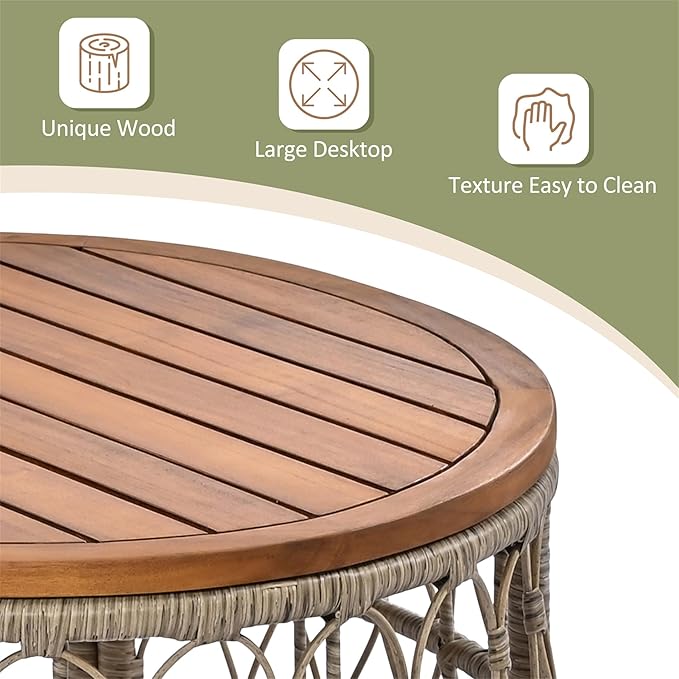 Merax Outdoor Patio Furniture Sets, Bohemia-Inspired Wicker Conversation Seating Group, with Soft Cushions and Wood Tabletop, 4 PCS, Beige