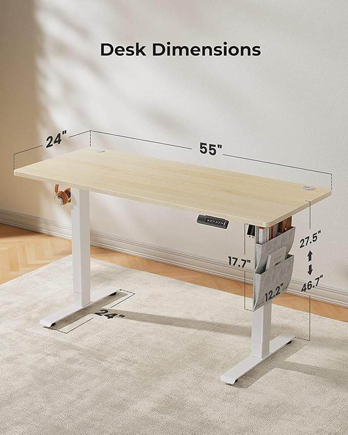 Standing Desk Adjustable Height, Electric Standing Desk with Starage Bag, Stand up Desk for Home Office Computer Desk Memory Preset with Headphone Hook, 55x24 Inch, Maple