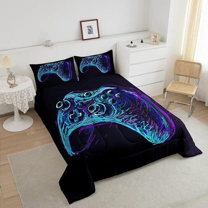 Gamer Comforter Set for Boys Teens Blue and Black Gaming Bedding Set Video Game Bedding Home Decor for Kids Comforter King Size 3 Pieces Gamepad Quilted Duvet Set 1 Comforter with 2 Pillowcases