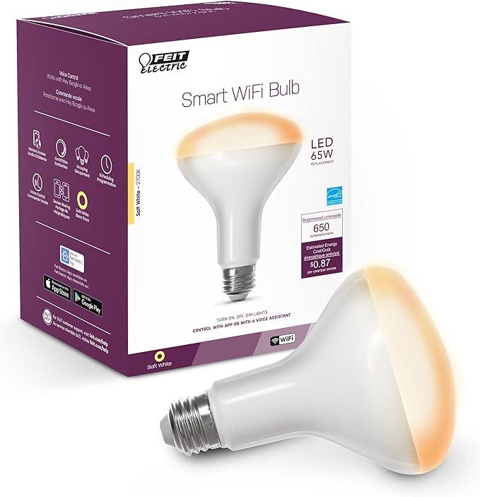 Feit Electric BR30/927CA/AG 65W Equivalent WiFi Dimmable, No Hub Required, Alexa Google Assistant BR30 Smart LED Light Bulb, 5" H x 3.72" D, 2700K Soft White