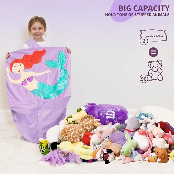 Aubliss Unicorn Stuffed Animal Storage Bean Bag Chair for Kids, Velvet Extra Soft Beanbag Chairs Cover, X-Large Stuffable Zipper Bean Bag for Organizing Plush Toys Girls Bedroom Decor, Purpl