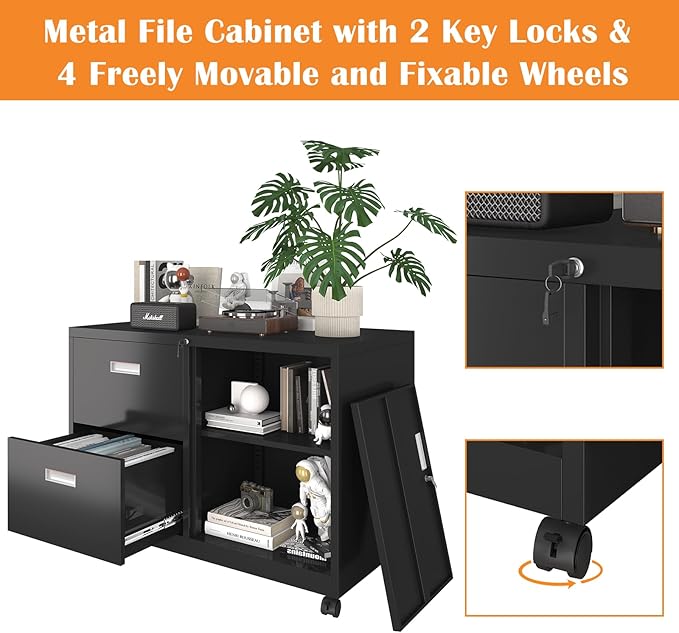 Metal File Cabinet Printer Stand with 2 lockable full extension drawers and 1 lockable door, adjustable shelf, for Home office and Study room Organizer Letters/Legal/A4,BLACK