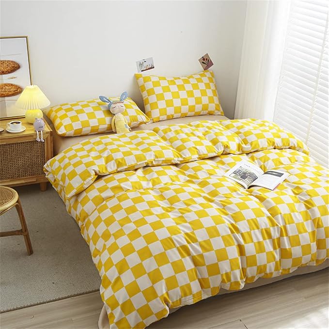 Wellboo Yellow and White Comforter Sets California King Women Men Bright Yellow Checkerboard Grid Bedding Comforters Cotton Modern Yellow Checkered Geometric Quilts Cal King Luxury Elegant Yellow Bed