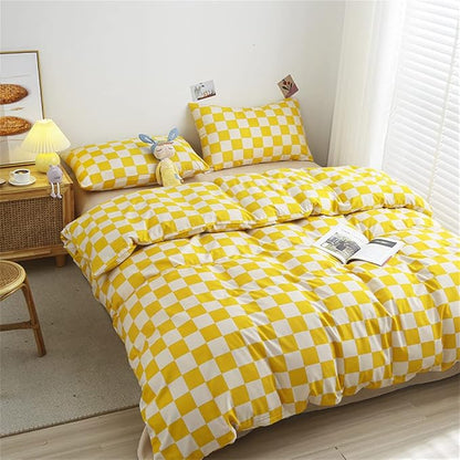 Wellboo Yellow and White Comforter Sets King Women Men Bright Yellow Checkerboard Grid Bedding Comforters Cotton Boys Girls Modern Light Yellow Checkered Geometric Quilts Luxury Elegant Yellow Bed