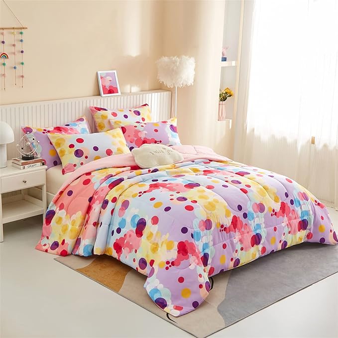 Rainbow Ombre Comforter Set Queen Size for Girls, Colorful Bubbles Polka Dots Comforter for Kids Teen, 3 Piece Orange Pink Purple Blue Gradient Pastel Bedding Set with 2 Pillow Case(Rainbow,Queen)